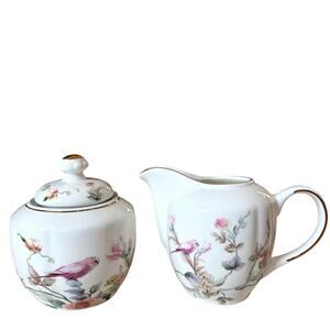 Grace Teaware Fine Porcelain Floral Bird Creamer & Sugar Set New